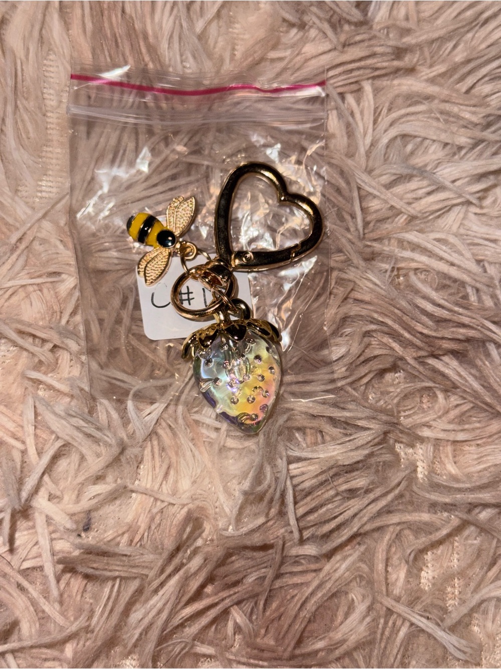 Bee & Iridescent Strawberry Heart Bag Charm Keychain
